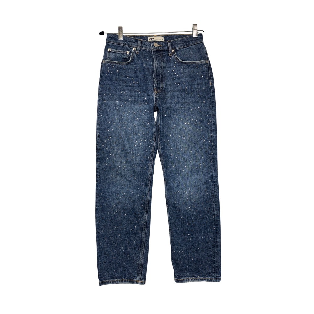 Zara Rhinestone Studded Straight Leg Jeans Blue Medium Wash Button Fly Size 6